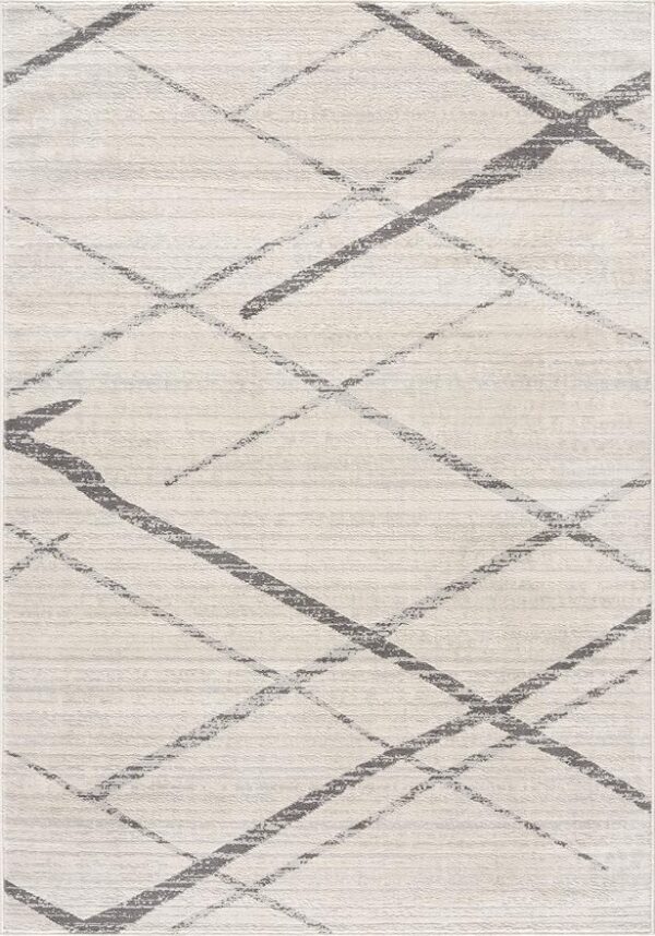 Abstract crisscross pattern on beige area rug.