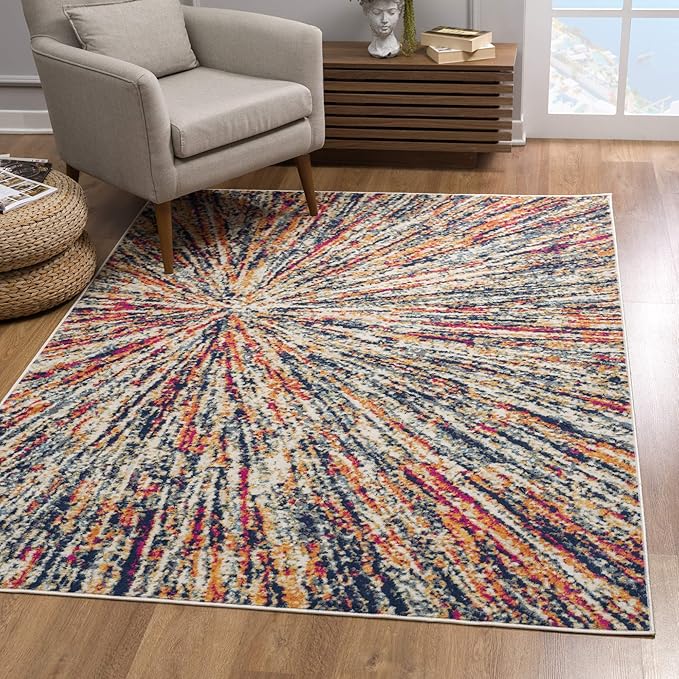 Colorful abstract rug in modern living room.