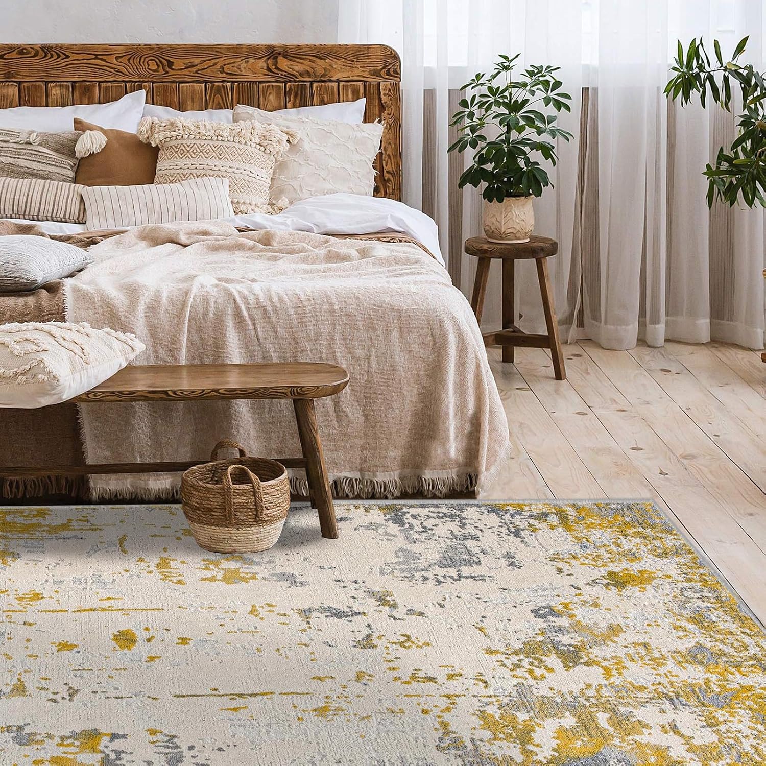 Cozy bedroom with plants and rustic decor.