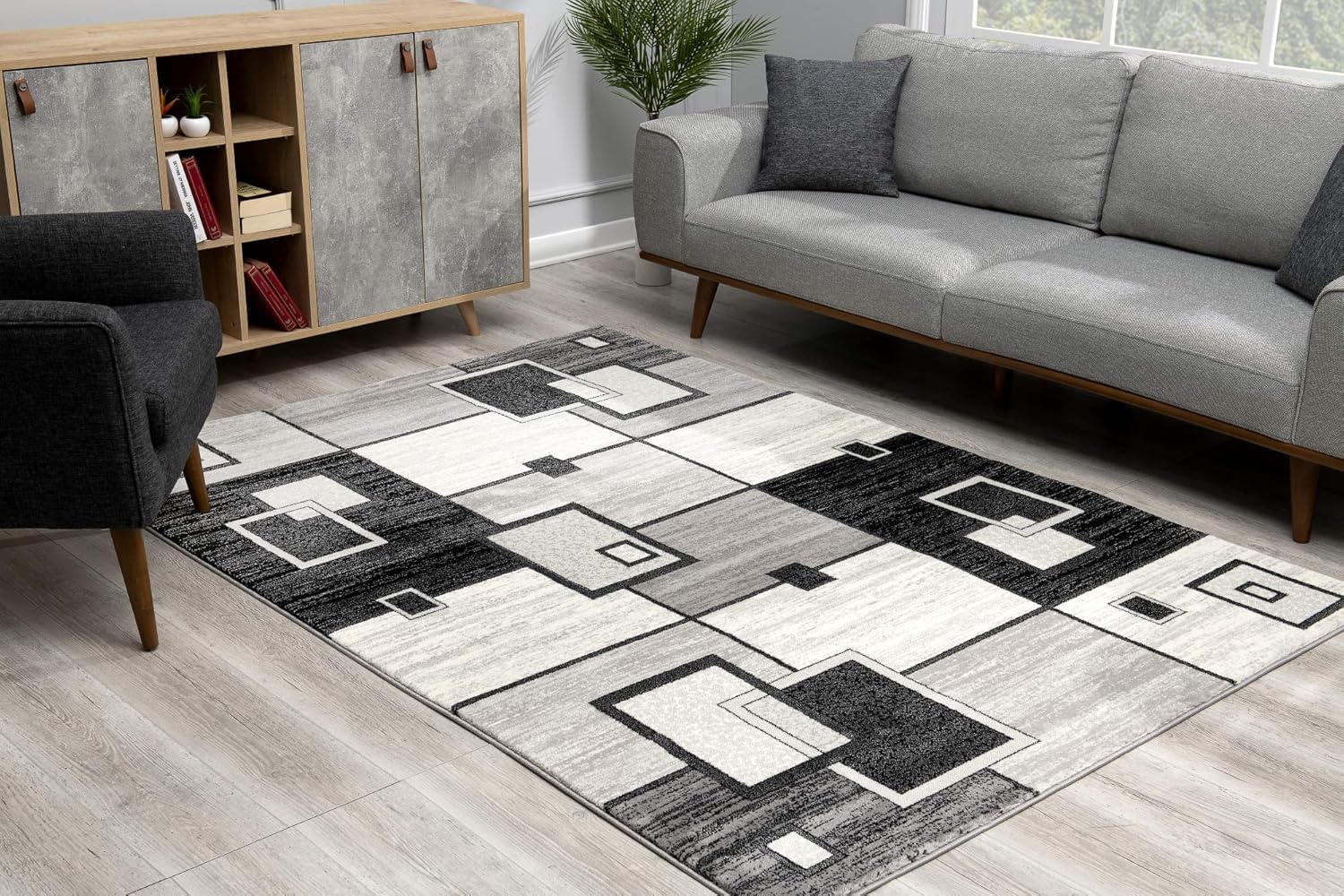 Modern living room with geometric patterned rug