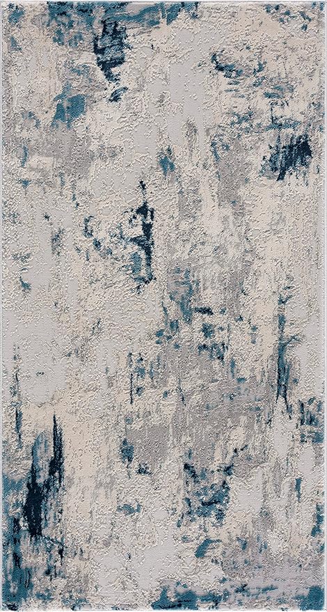 Abstract blue and gray textured area rug design.