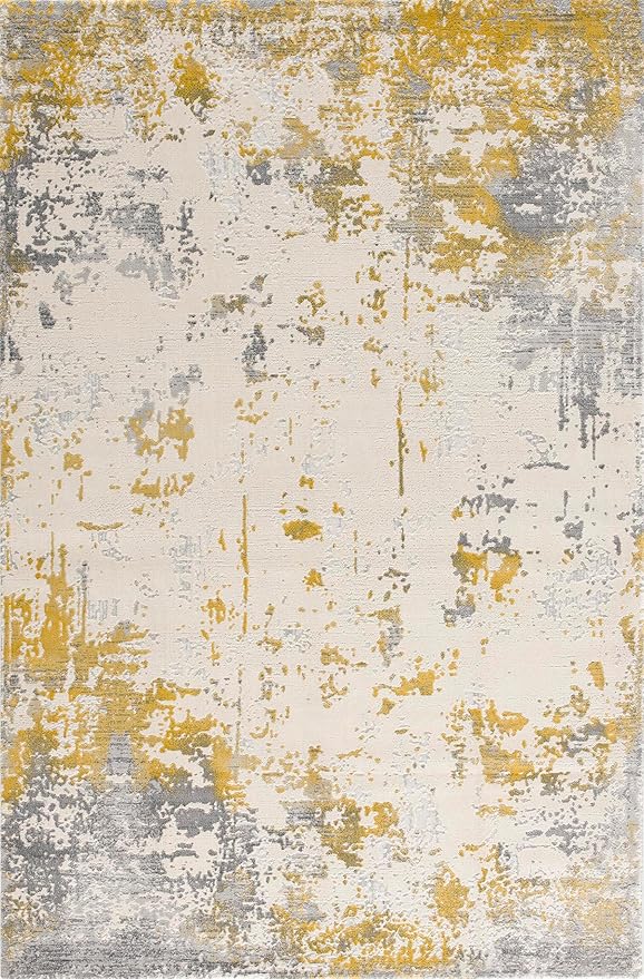 Abstract beige, yellow, and gray distressed area rug