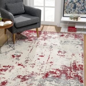 Modern living room with abstract red-gray rug