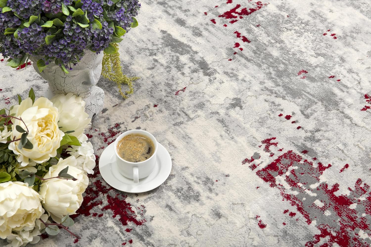 Coffee on floral-patterned carpet with flowers