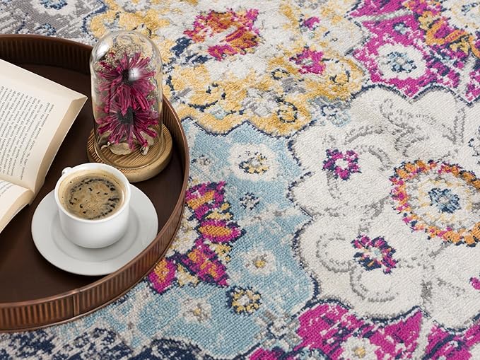 Colorful rug with coffee and open book