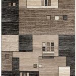 Geometric brown and beige area rug with abstract design.