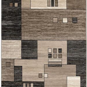 Geometric brown and beige area rug with abstract design.