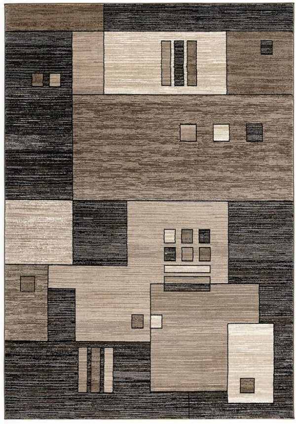 Geometric brown and beige area rug with abstract design.