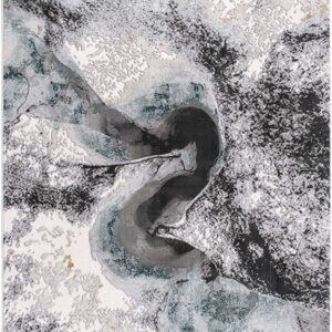 Abstract marble-patterned area rug in grayscale.