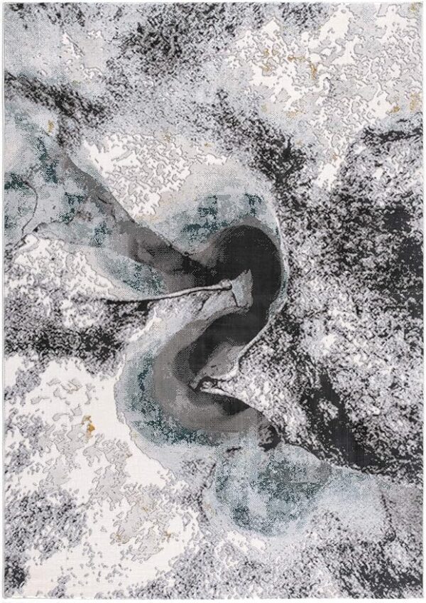 Abstract marble-patterned area rug in grayscale.