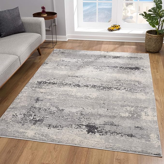 Modern gray area rug in living room setting.
