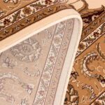 Close-up of ornate, brown patterned carpet.