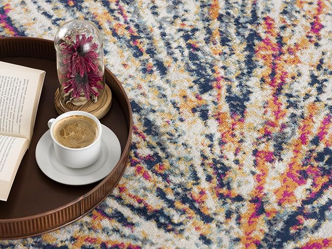 Coffee on tray with abstract colorful rug