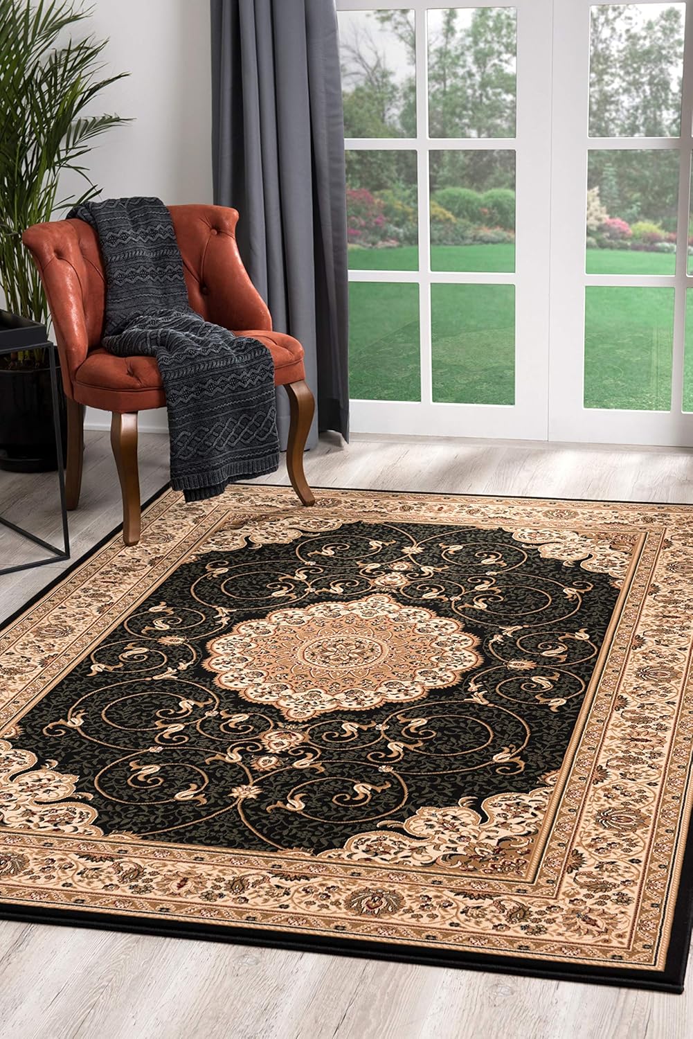 Elegant floral-pattern rug in stylish living room.