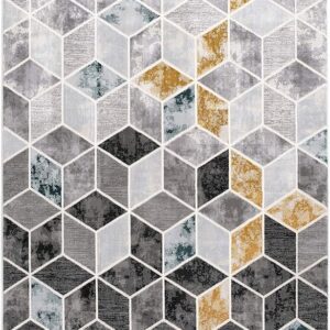 Geometric pattern carpet with gray, gold, and white cubes.