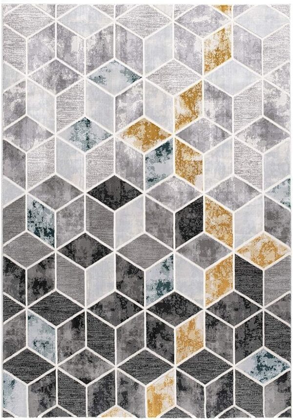 Geometric pattern carpet with gray, gold, and white cubes.