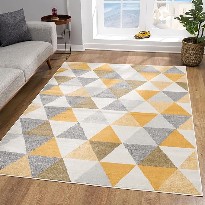 Geometric pattern rug in modern living room setting.