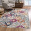 Colorful floral patterned rug in living room.