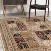 Patterned rug with chair and cabinet in room.