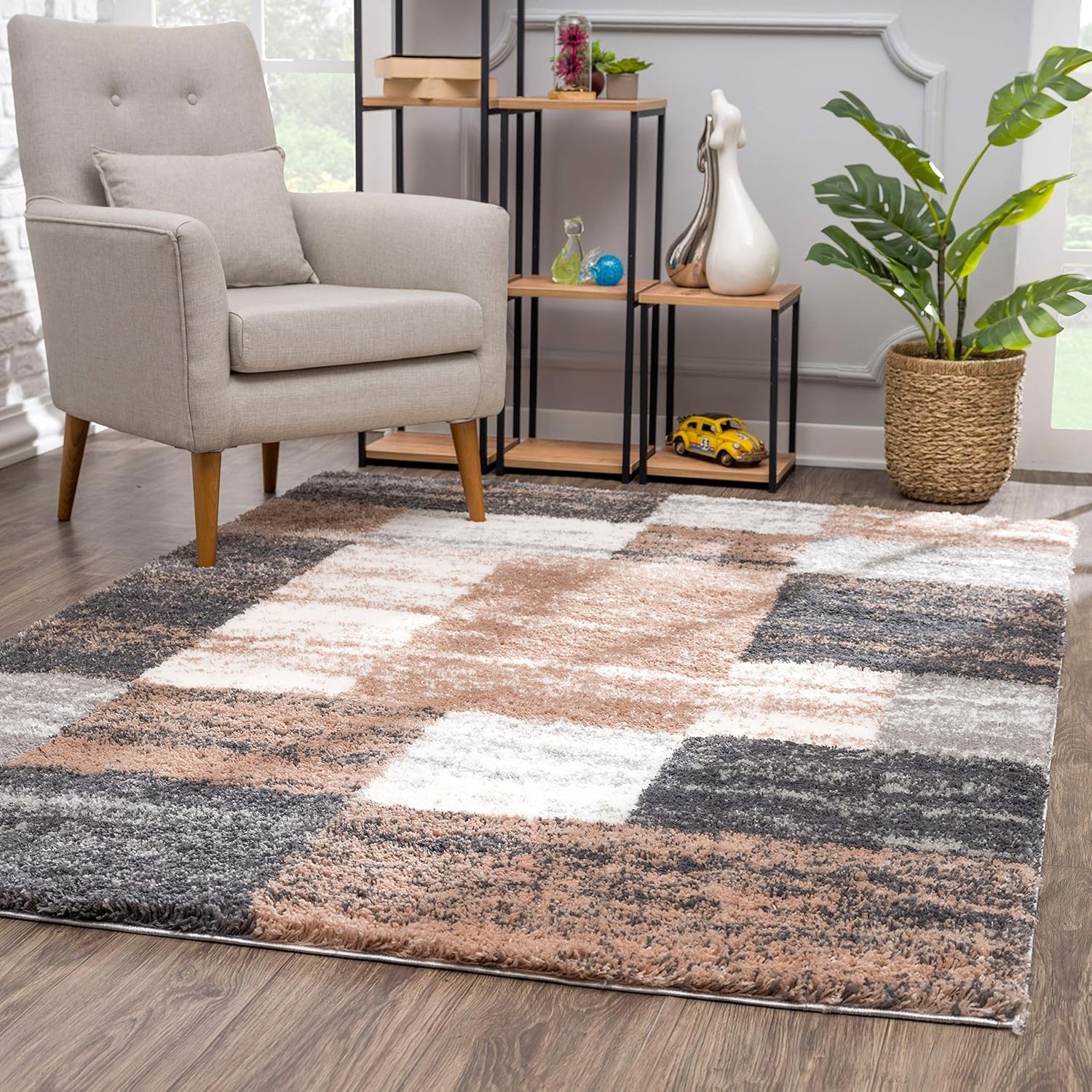 Cozy living room with geometric patterned rug