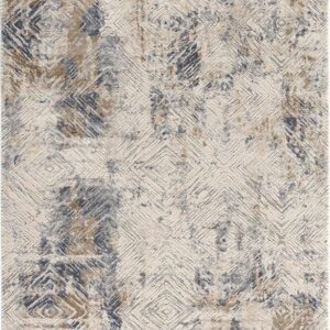 Abstract patterned beige and gray area rug.