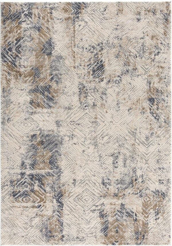 Abstract patterned beige and gray area rug.