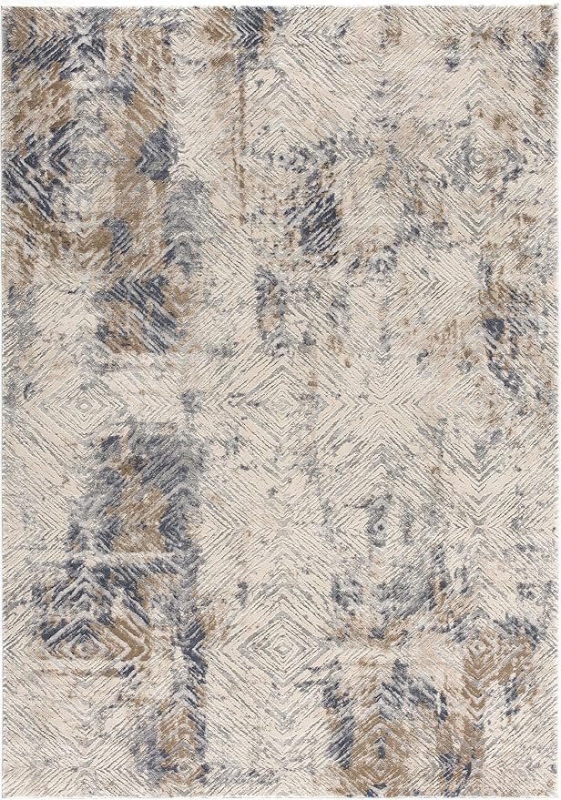 Abstract patterned beige and gray area rug.