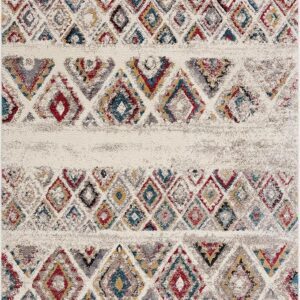 Colorful geometric pattern rug with diamond shapes.