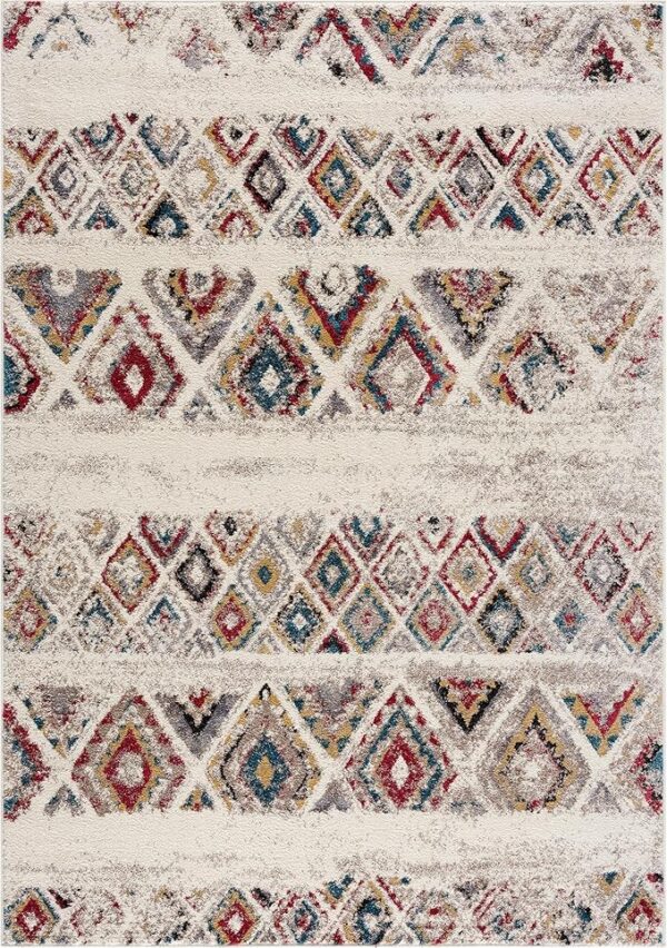 Colorful geometric pattern rug with diamond shapes.