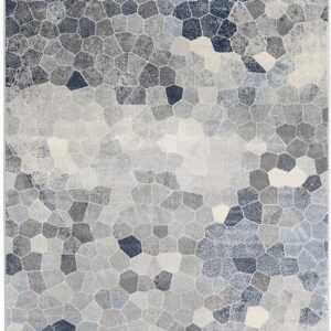 Abstract blue and gray geometric pattern rug.