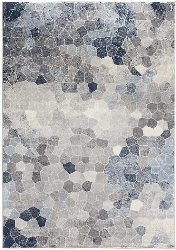 Abstract blue and gray geometric pattern rug.