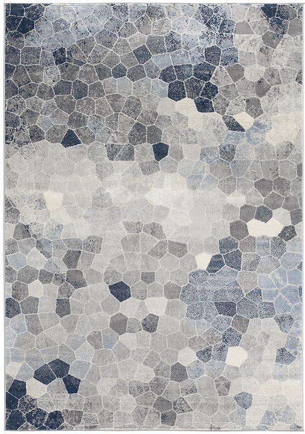Abstract blue and gray geometric pattern rug.