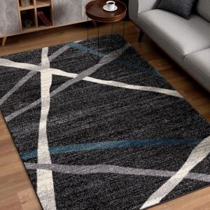 Abstract patterned rug in modern living room decor.