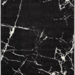 Black rug with white marble pattern design.