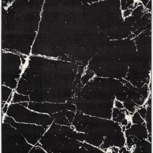 Black rug with white marble pattern design.