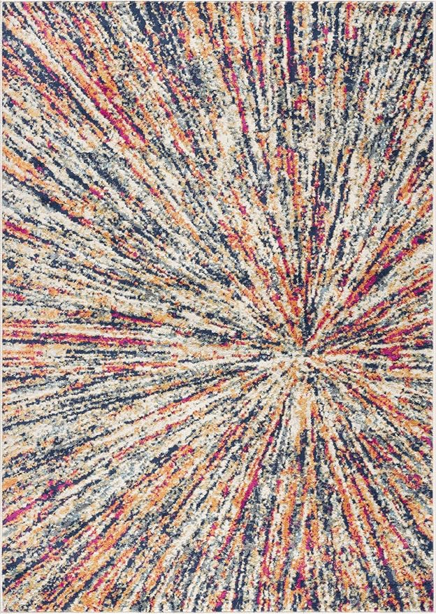 Colorful, abstract burst pattern rug design