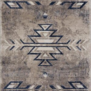 Geometric tribal pattern on gray and blue rug