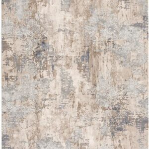 Abstract pattern beige and blue area rug.