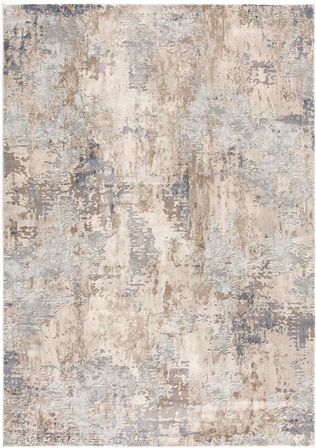Abstract pattern beige and blue area rug.