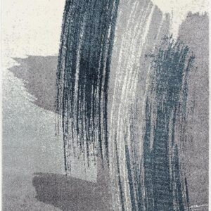 Abstract rug with blue and gray brushstrokes.