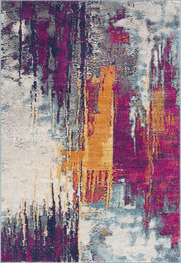Colorful abstract rug with orange, pink, and blue patterns.