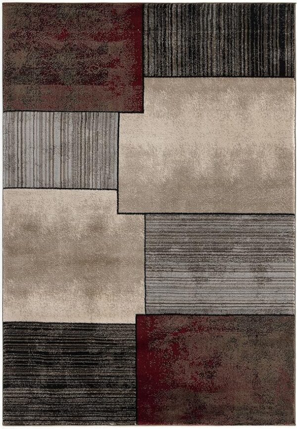 Geometric rug with brown, red, and beige rectangles.