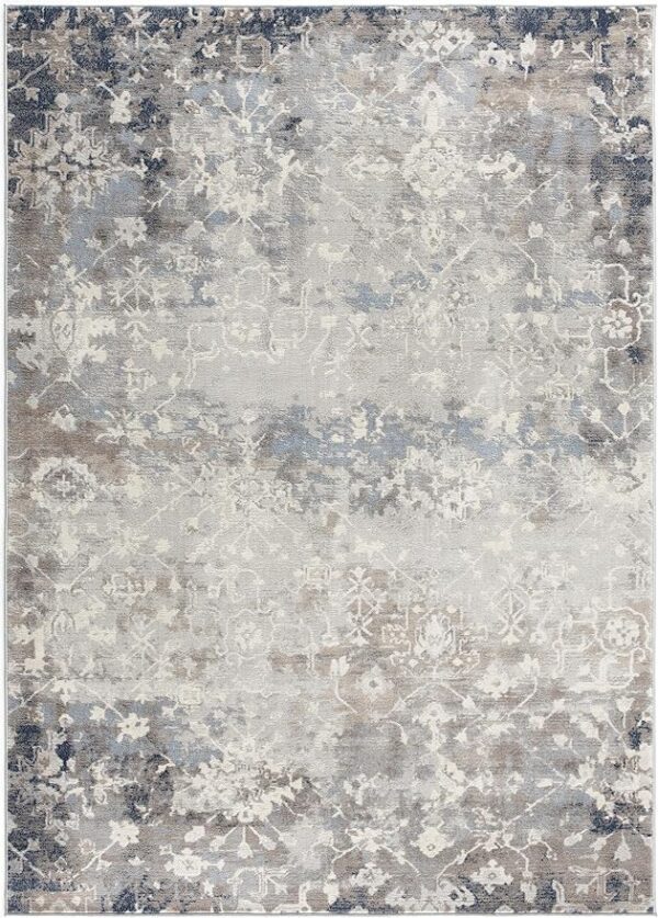 Abstract floral pattern area rug in neutral colors.