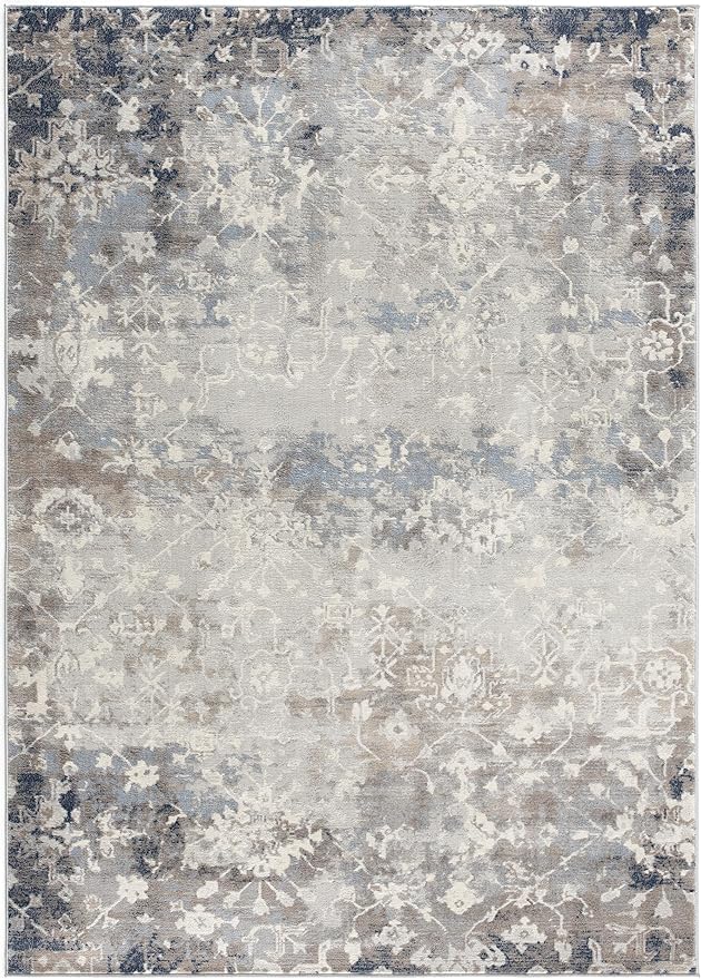 Abstract floral pattern area rug in neutral colors.