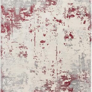 Abstract red and gray patterned rug design.