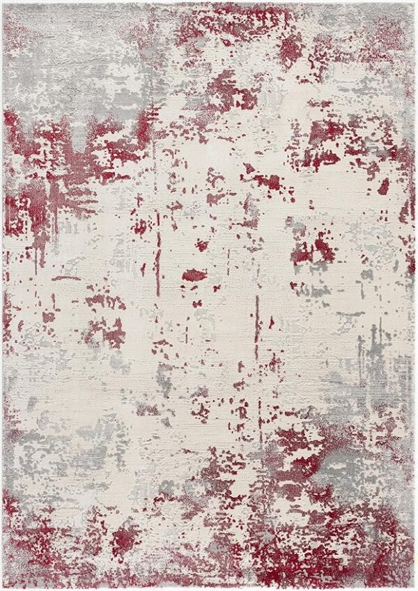 Abstract red and gray patterned rug design.