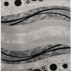 Abstract rug with geometric patterns and wavy lines.
