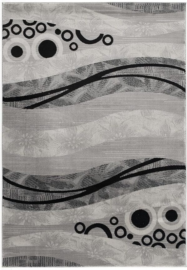 Abstract rug with geometric patterns and wavy lines.