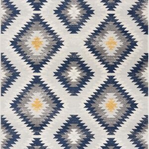 Geometric pattern rug with blue and yellow diamonds.