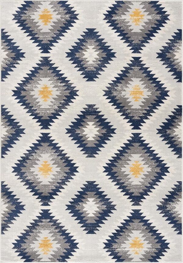 Geometric pattern rug with blue and yellow diamonds.